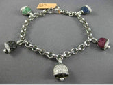 ESTATE 3.01CT WHITE BLACK DIAMOND & MULTI GEM 14K WHITE GOLD BELL CHARM BRACELET