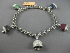 ESTATE 3.01CT WHITE BLACK DIAMOND & MULTI GEM 14K WHITE GOLD BELL CHARM BRACELET
