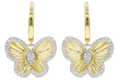 ESTATE .39CT DIAMOND 14KT YELLOW GOLD 3D CLASSIC BUTTERFLY LOVE HANGING EARRINGS