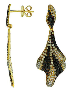 2.18CT WHITE MOCHA & BLACK DIAMOND 14KT YELLOW GOLD MULTI LEAF HANGING EARRINGS