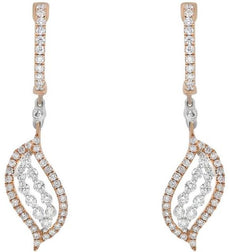 1.0CT DIAMOND 18KT WHITE & ROSE GOLD DOUBLE LEAF LEVERBACK FUN HANGING EARRINGS