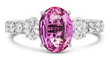 2.85CT DIAMOND & AAA PINK SAPPHIRE PLATINUM OVAL & ROUND 3 STONE ENGAGEMENT RING