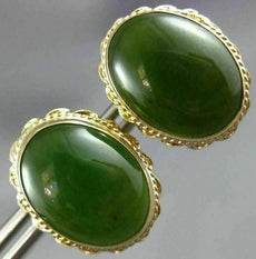 ANTIQUE LARGE & AAA JADE 14KT YELLOW GOLD 3D OVAL FILIGREE STUD EARRINGS #26105