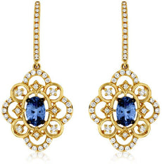 1.45CT DIAMOND AAA TANZANITE 14K YELLOW GOLD OVAL OPEN FILIGREE HANGING EARRINGS