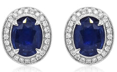 4.47CT DIAMOND & AAA SAPPHIRE 18KT WHITE GOLD OVAL & ROUND HALO FLOWER EARRINGS
