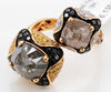 3.70CT WHITE & MULTI COLOR DIAMOND 18KT YELLOW GOLD CUSHION & ROUND SQUARE RING