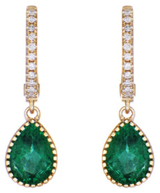 ESTATE 2.25CT DIAMOND & AAA EMERALD 18KT YELLOW GOLD PEAR SHAPE & ROUND EARRINGS