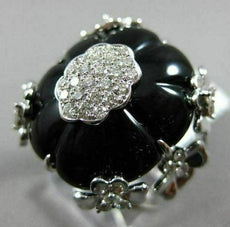 ESTATE LARGE .82CT DIAMOND & AAA ONYX 14KT WHITE GOLD 3D HEART FLOWER FUN RING