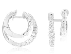 WIDE .52CT DIAMOND 14KT WHITE GOLD 3D ROUND DOUBLE HOOP HUGGIE HANGING EARRINGS