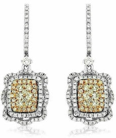 ESTATE LARGE 1.72CT WHITE & FANCY YELLOW DIAMOND 14K 2 TONE GOLD SQUARE EARRINGS