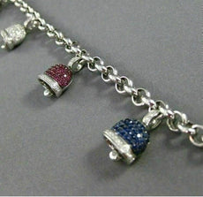 ESTATE LARGE 2.93CT DIAMOND & MULTI GEM 14K WHITE GOLD LUCKY BELL CHARM BRACELET