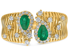 LARGE .67CT DIAMOND AAA EMERALD 14KT YELLOW GOLD PEAR SHAPE ROUND MULTI BAR RING