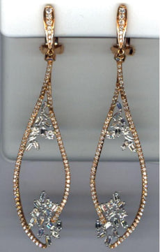 1.79CT DIAMOND 18KT WHITE & ROSE GOLD 3D ROUND & BAGUTTE LEAF TEAR DROP EARRINGS