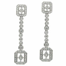 ESTATE .91CT DIAMOND 18KT WHITE GOLD 3D FILIGREE SQUARE & ROUND HANGING EARRINGS