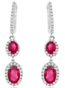 1.82CT DIAMOND & AAA RUBY 14KT WHITE GOLD 3D OVAL & ROUND DOUBLE FLOWER EARRINGS