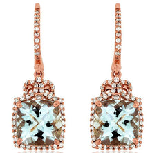 4.22CT DIAMOND & AAA AQUAMARINE 14KT ROSE GOLD CUSHION & ROUND HANGING EARRINGS