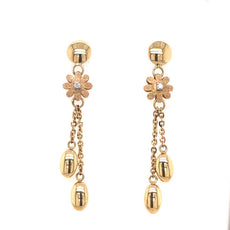 ESTATE .05CT DIAMOND 18K WHITE & ROSE GOLD 3D FLOWER CHANDELIER HANGING EARRINGS