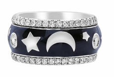 WIDE 1.38CT DIAMOND BLACK ENAMEL 18K WHITE GOLD MOON & STAR ETOILE ETERNITY RING