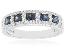 1.05CT DIAMOND & AAA SAPPHIRE 14KT WHITE GOLD 3D 5 STONE SQUARE ANNIVERSARY RING