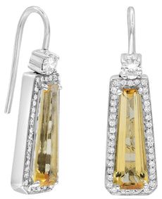 3.79CT DIAMOND & AAA CITRINE 14KT WHITE GOLD 3D EMERALD CUT FUN HANGING EARRINGS