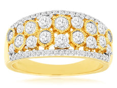 WIDE 1.0CT DIAMOND 14KT 2 TONE GOLD 3D ROUND MULTI ROW FILIGREE ANNIVERSARY RING