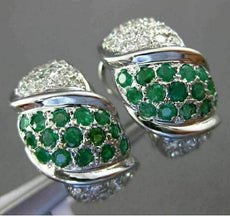 ESTATE LARGE 3.36CT DIAMOND & EMERALD 18K WHITE GOLD 3D CLIP ON HANGING EARRINGS