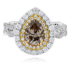 2.30CT WHITE & CHOCOLATE FANCY DIAMOND 18KT 2 TONE GOLD PEAR SHAPE & ROUND RING