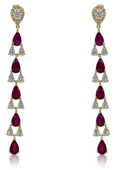 3.07CT DIAMOND & AAA RUBY 14KT YELLOW GOLD JOURNEY CHANDELIER HANGING EARRINGS