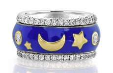 WIDE 1.38CT DIAMOND BLUE ENAMEL 18K 2 TONE GOLD MOON & STAR ETOILE ETERNITY RING