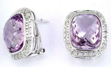 18.82CT DIAMOND & AAA AMETHYST 14KT WHITE GOLD 3D CUSHION HALO CLIP ON EARRINGS