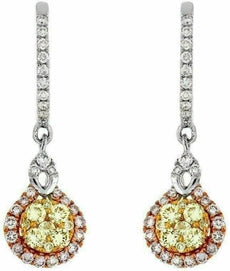 ESTATE .98CT WHITE FANCY YELLOW & PINK DIAMOND 14KT WHITE GOLD ROUND EARRINGS