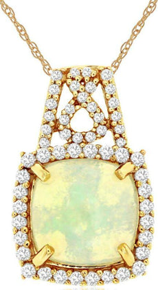 1.63CT DIAMOND & AAA OPAL 14K YELLOW GOLD CUSHION HALO INFINITY FLOATING PENDANT