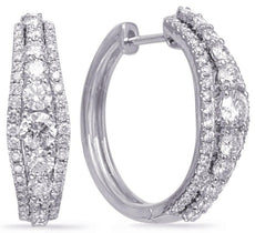 WIDE 1.62CT DIAMOND 14KT WHITE GOLD ROUND 3 ROW GRADUATING HOOP HANGING EARRINGS
