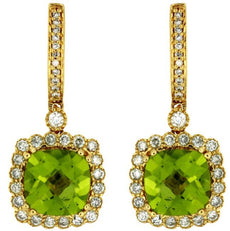 4.78CT DIAMOND & AAA PERIDOT 14KT YELLOW GOLD 3D CUSHION FLOWER HANGING EARRINGS