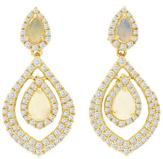 1.68CT DIAMOND & AAA OPAL 14K YELLOW GOLD PEAR SHAPE TEAR DROP HANGING EARRINGS