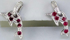 ESTATE .39CT DIAMOND & AAA RUBY 14K WHITE GOLD 3D HAPPY DOLPHIN HANGING EARRINGS