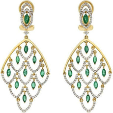 3.3CT DIAMOND & AAA EMERALD 18K YELLOW GOLD ROUND & MARQUISE CHANDELIER EARRINGS