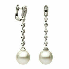 ESTATE LARGE .33CT DIAMOND & AAA SOUTH PEARL 18KT WHITE GOLD 3D HANGING EARRINGS
