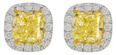 3.41CT WHITE & FANCY YELLOW DIAMOND 18KT WHITE GOLD CUSHION CUT & ROUND EARRINGS