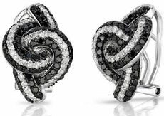 ESTATE LARGE 2.20CT WHITE & BLACK DIAMOND 14KT WHITE GOLD 3D LOVE KNOT EARRINGS