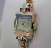 ANTQUE OLD EURO MINE CUT DIAMOND RUBY 14K WHITE ROSE GOLD MIDO WATCH 6.5" #19744