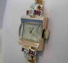 ANTQUE OLD EURO MINE CUT DIAMOND RUBY 14K WHITE ROSE GOLD MIDO WATCH 6.5" #19744
