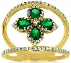 ESTATE .86CT DIAMOND & AAA EMERALD 14KT YELLOW GOLD 3D CLASSIC FLOWER LOVE RING