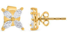 ESTATE .50CT DIAMOND 14K YELLOW GOLD MARQUISE SHAPE 4 STONE FLOWER STUD EARRINGS
