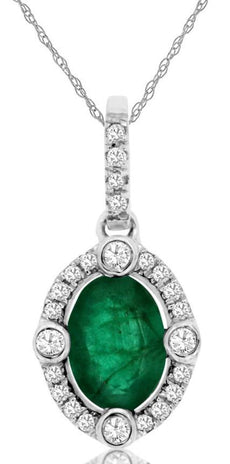 .84CT DIAMOND & AAA EMERALD 14KT WHITE GOLD OVAL & ROUND FLOWER FLOATING PENDANT