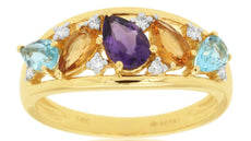 1.24CT DIAMOND & AAA MULTI GEM 14KT YELLOW GOLD 3D PEAR SHAPE & ROUND FUN RING