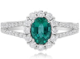 1.46CT DIAMOND & AAA EMERALD 18K WHITE GOLD 3D OVAL CLASSIC HALO ENGAGEMENT RING