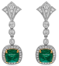 7.79CT DIAMOND & AAA EMERALD 18KT 2 TONE GOLD 3D SQUARE CUSHION & ROUND EARRINGS