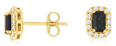 .94CT DIAMOND & AAA SAPPHIRE 14KT YELLOW GOLD EMERALD CUT & ROUND STUD EARRINGS