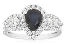 2.20CT DIAMOND & AAA SAPPHIRE 14KT WHITE GOLD 3D PEAR SHAPE & ROUND 3 STONE RING